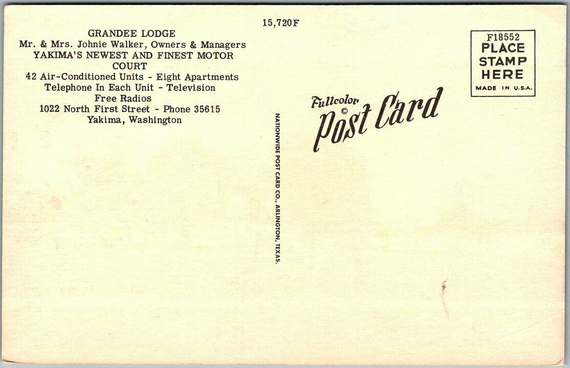 Yakima, Washington Postcard GRANDEE LODGE / Schmitt's Restaurant LINEN