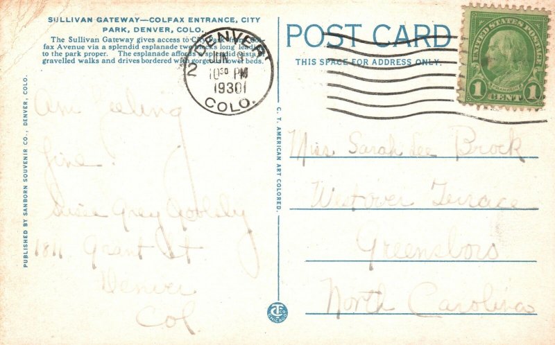 Vintage Postcard 1920's Sullivan Gateway Colfax Entrance City Park Denver Colo.