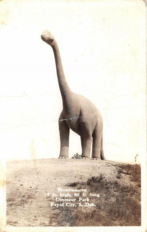 Rapid City South Dakota 1948 RPPC Real Photo Postcard Brontosaurus Dinosaur