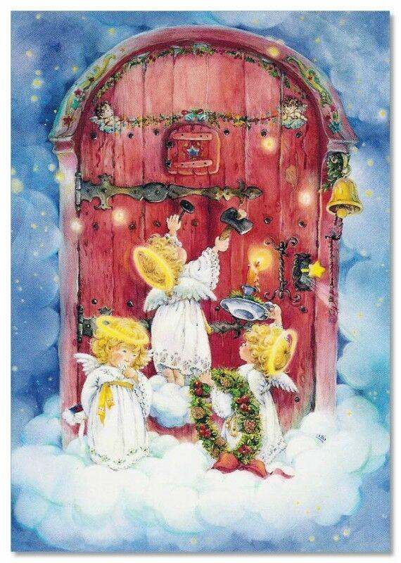 Lisi MARTIN~ Three LITTLE ANGELS knock on the door Xmas decoration KIDS postcard