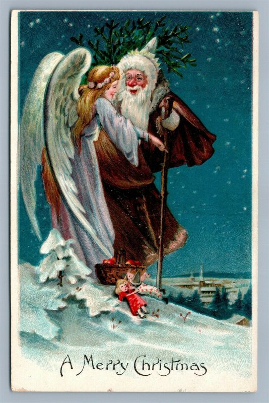 SANTA in BROWN ROBE w/ ANGEL CHRISTMAS ANTIQUE EMBOSSED POSTCARD