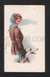 077193 Lady & BORZOI w/ Blue Bow by BARBER vintage PC