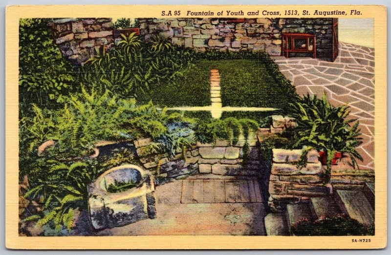 Vtg St Augustine Florida FL Fountain Of Youth & Cross 1930s View Linen Postcard