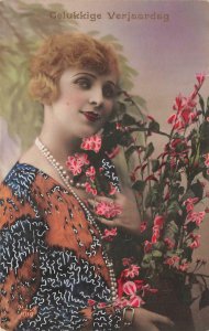 BEAUTIFUL WOMAN FLOWERS GLAMOUR HAPPY BIRTHDAY BELGIUM REAL PHOTO POSTCARD 1930