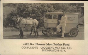 Binghamton NY Horse Drawn Crowley's Milk Delivery Wagon Real Photo Postcard