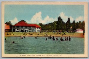 Postcard Grand Bend Ontario c1930s The Beach and Casino Bathers Cars Unused PECO