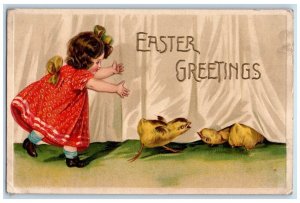 c1910's Easter Greetings Little Girl Chasing Chicks Poughkeepsie NY Postcard