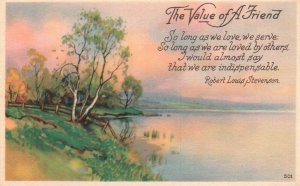 Vintage Postcard The Value of A Friend So Long as We Love Tree Lined Lake