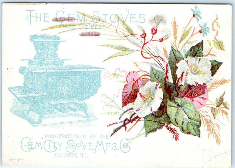 c1880s Quincy Illinois Gem City Stove Trade Card Cast Iron Flowers Range Vtg C23