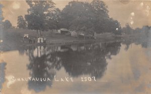 J42/ Norris Illinois RPPC Postcard c1910 Chautauqua Lake Tents People 344