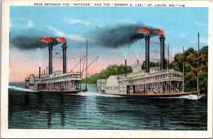 Steamboat Race, Natchez vs Robert E Lee, St Louis MO c1940 Vintage Postcard O74