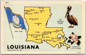 LO-Louisiana, Detailed Map, The Pelican, State Flag & Magnolia Flower, Postcard
