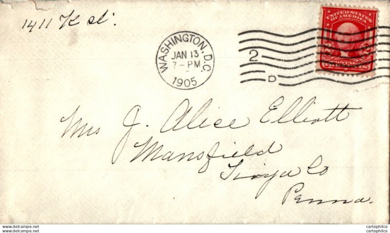 US Cover 2c Washington DC 1905  for Mansfield Tioga Penn