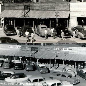 x2 LOT c1950s Wall, SD Drug Store RPPC Car Parking Birds Eye Real Photo A175