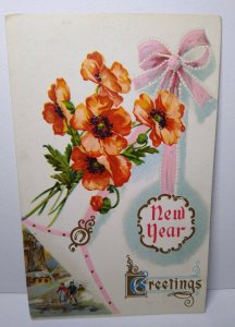New Years Postcard Greetings Flowers Ribbon People Walking Embossed Vintage