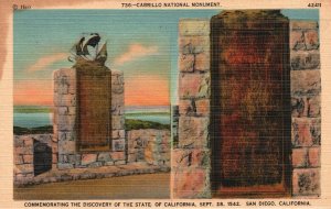 Vintage Postcard 1930's Cabrillo National Monument Discovery State Of California