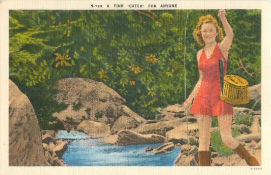 Blonde Girl Fishing A Fine Catch Linen Postcard