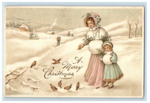 1911 Merry Christmas Greetings Mother And Daughter Bird Snow Winter Postcard