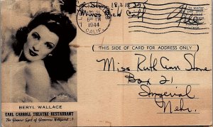 1944 HOLLYWOOD CA BERYL WALLACE EARL CARROLL THEATRE ADVERTISING POSTCARD 38-101