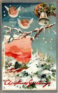 Christmas Greetings; Tuck's series 136 Postcard, angels, bell, snow, bird