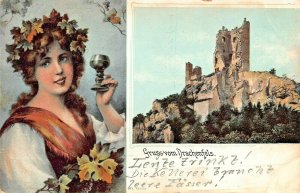 GERMANY~GRUSS vom DRACHENFELS-BEAUTIFUL WOMAN-WINE~1906 POSTCARD