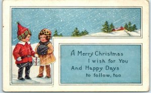 M-32836 Merry Christmas Holiday Greeting Card Children and Snow Scene Art Print