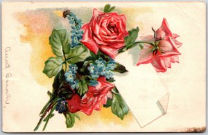 Red Roses & Blue Forget-Me-Nots, 1907 Blank Card, Green Leaves, Vintage Postcard