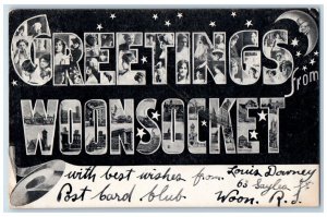 1906 Greetings From Woonsocket Rhode Island RI, Large Letters Antique Postcard