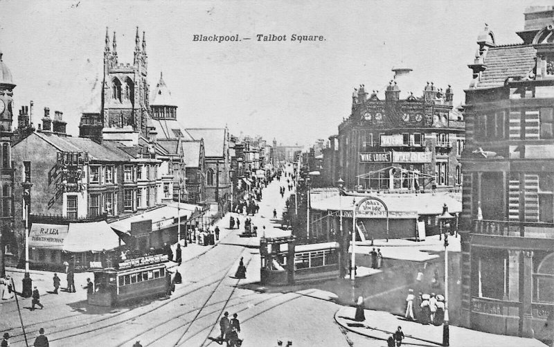 BLACKPOOL ENGLAND~TALBOT SQUARE-TROLLEYS~1910 CORONATION SERIES PHOTO POSTCARD