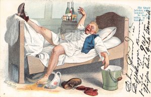 Comic Humor 1905 Art by Quidenus Hangover Man in Bed Drink Potty postcard C361