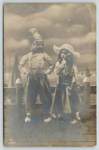 Fowler IN~Someone Thinking of You~RPPC Dutch Kids Costume~Seashore Backdrop 1908 