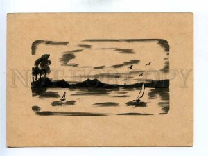 195782 GERMANY birds & boats silhouette hand paint postcard