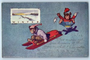 St. John Signed Artist Postcard Anthropomorphic Bear Sledding Winter Scene 1906