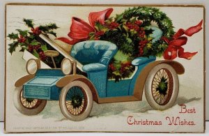 1908 Christmas Wish Gold Trimmed Card Wreaths Holly & Bows Camden NY Postcard D3