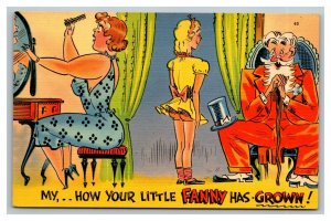 Vintage 1930's Comic Postcard - Old Man Looking at Young Woman Wife Surprised