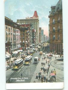Unused Pre-1907 STREETCAR & SHOPS ON BROADWAY New York City NY n5632
