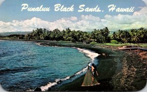 Hawaii Punaluu Black Sands Beach With Native Fisherman