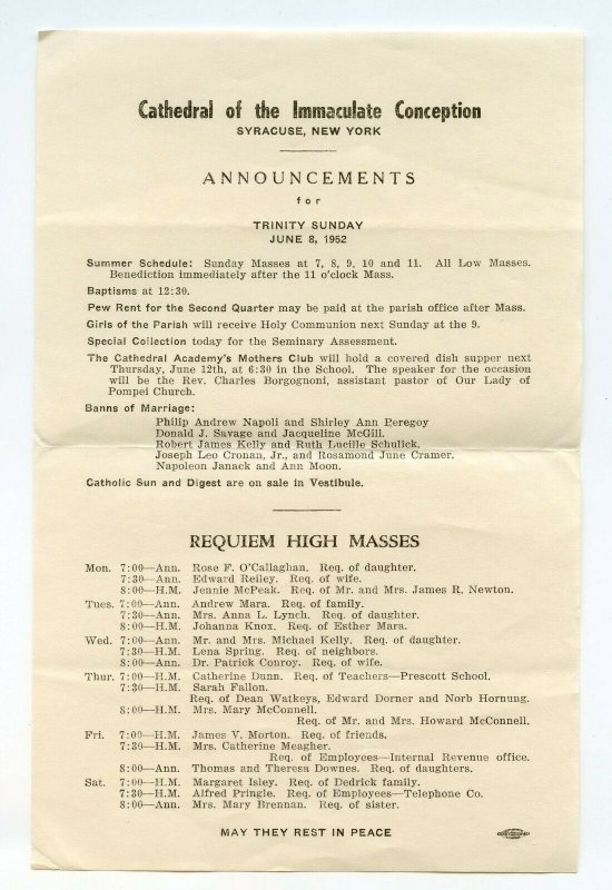 Cathedral of the Immaculate Conception Syracuse NY Announcements June 8, 1952