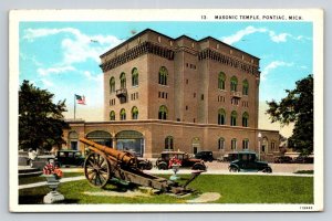 1935 Masonic Temple Pontiac Michigan Linen Postcard Cannon Vintage Cars