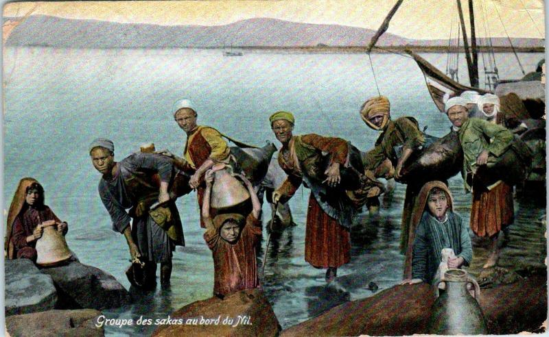 PORT SAID?, Egypt   GROUP  Gathering WATER from NILE River  c1910s  Postcard