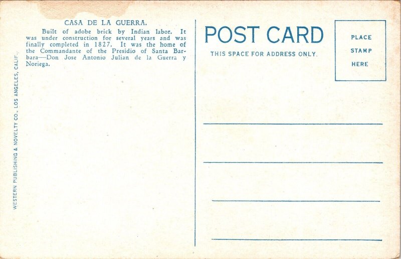 Postcard The De La Guerra House in Santa Barbara, California