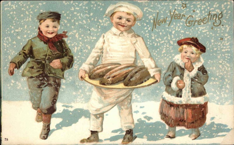 NEW YEAR Little Boy Chef w Fresh Bread c1905 Postcard