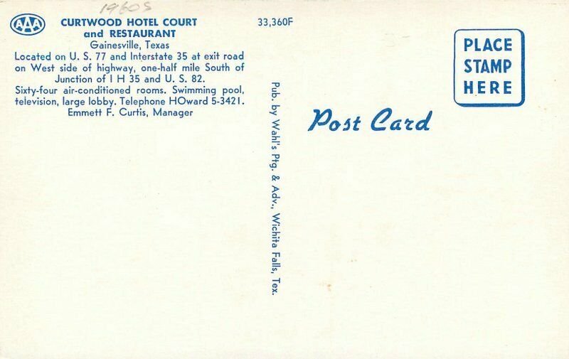 Autos Curtwood Hotel Court Restaurant Gainesville Texas Postcard Wahl's 10724