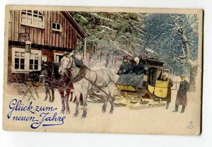 414868 NEW YEAR Horse Sled Vintage TUCK AQUARETTE #915 PC