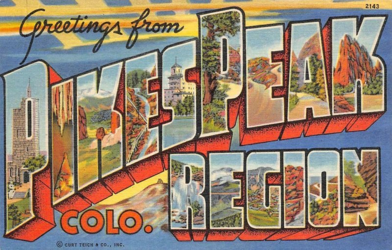 PIKES PEAK REGION Colorado Large Letter Linen Greetings c1940s Vintage Postcard