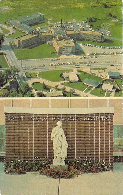 Kokomo Indiana~St Joseph Memorial Hospital~Aerial View & Statue~1975 Postcard