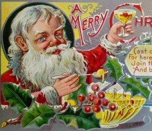 Santa Claus Christmas Postcard Festive Bowl Embossed Saint Nicholas Series 3