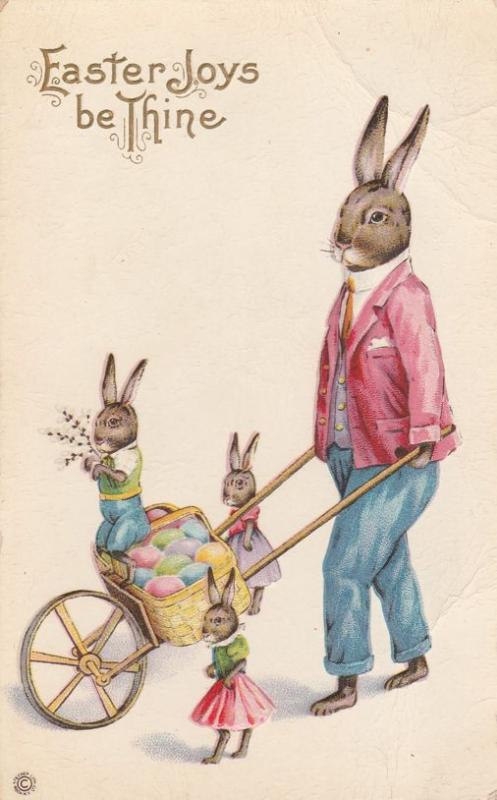 Rabbit and Bunnies Wheelbarrow of Eggs Easter Joy Greetings - Stetcher Litho DB