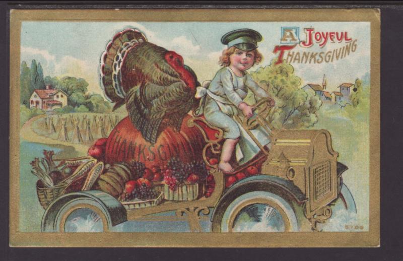 A Joyful Thanksgiving,Boy,Turkey,Car Postcard