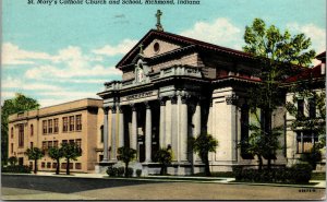 Vtg 1940s St Mary's Catholic Church and School Richmond Indiana IN Postcard